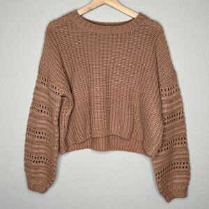 Moon & Madison Brown Cropped Knit Sweater‎ M Balloon Sleeve Cozy Boho Cabincore